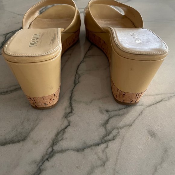 Prada Nude Vintage Slip On Patent Leather and Cork Wedge Sandals - GREAT COND. - Picture 3 of 12